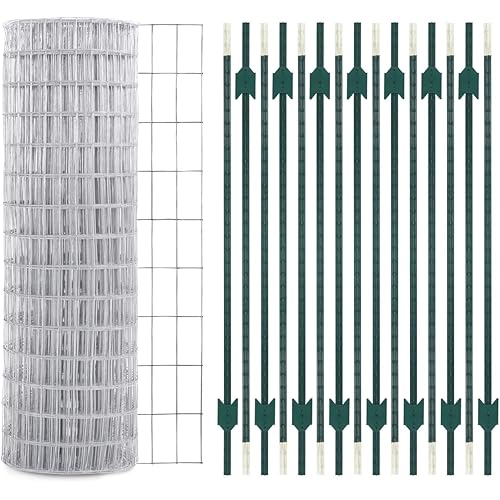 Fencer Wire 15 Pack 7FT T-Posts Set with 12.5 Gauge Galvanized Welded Fencing Wire Roll, No Dig Heavy Duty Metal Fence Post Kit for Farm, Garden, Orchard, Outdoor Use