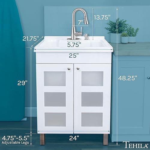 Miniatura 2 de JS Jackson Supplies - Fregadero blanco en tocador blanco, grifo rociador desplegable de acero inoxidable, dispensador de jabón y armario espacioso