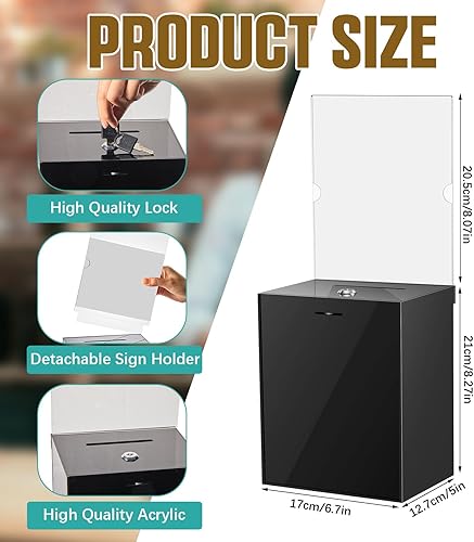 Miniatura 8 de Sweetude Paquete de 2 cajas de donación de acrílico con candado, tarros de punta alta de 8.2 x 6.7 x 5 pulgadas, urna de sugerencia con soporte para