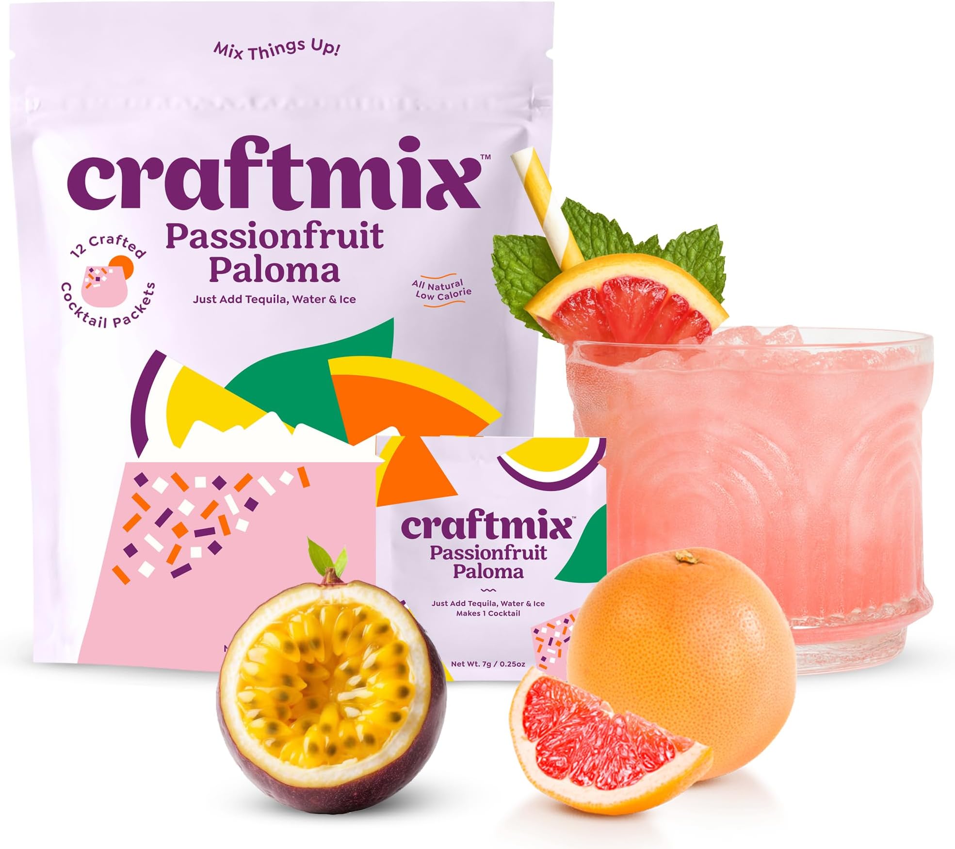 Craftmix Passionfruit Paloma Cocktail & Mocktail Drink Mixer, Skinny Mixes - Water Flavoring Packets - Made With Real Fruit - Vegan, No-Carb, No-Sugar, Non-GMO, Dairy Free, Gluten Free, 12 Pack