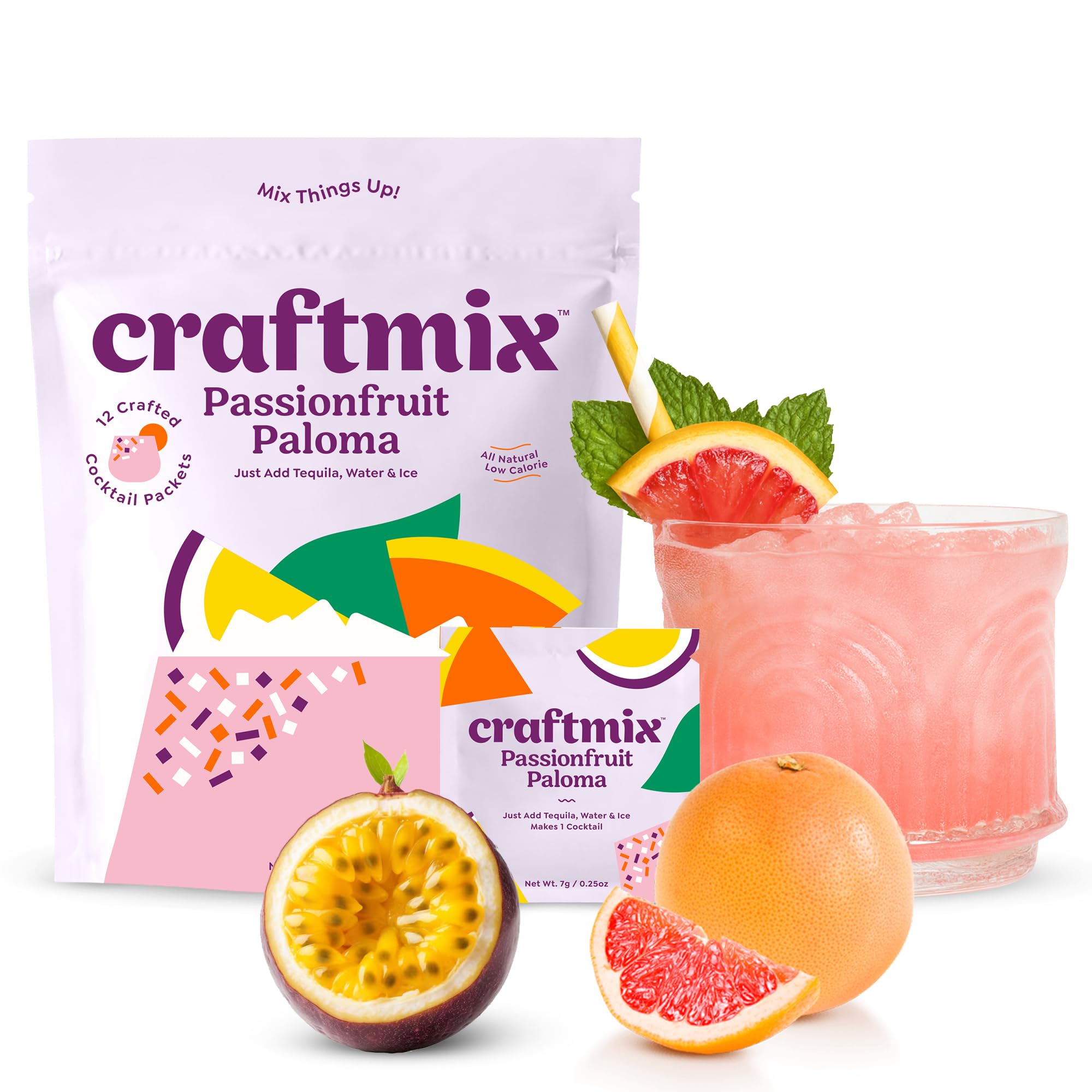 Craftmix Passionfruit Paloma Cocktail & Mocktail Drink Mixer, Skinny Mixes - Water Flavoring Packets - Made With Real Fruit - Vegan, No-Carb, No-Sugar, Non-GMO, Dairy Free, Gluten Free, 12 Pack