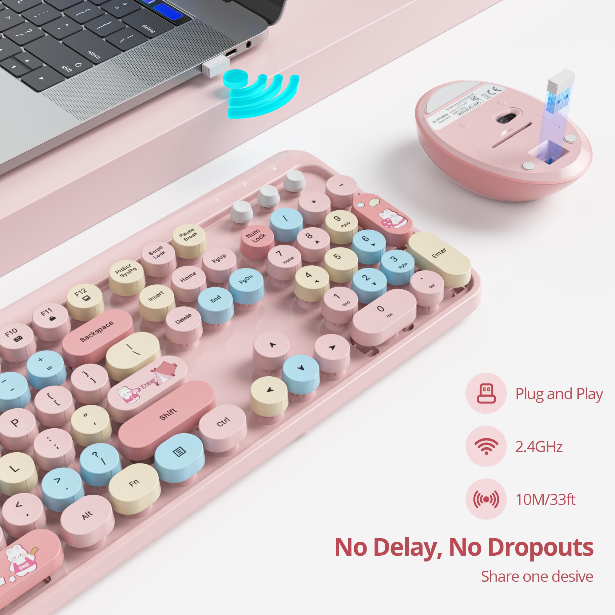 SOLIDEE Combo Tastiera e Mouse Wireless,tastiera macchina da scrivere retro,Tastiera per Computer con Tasti Rotondi 2.4GHz con Tastierino Numerico,Tastiera a 104 Tasti(Americana QWERTY)(Mixed Pink)
