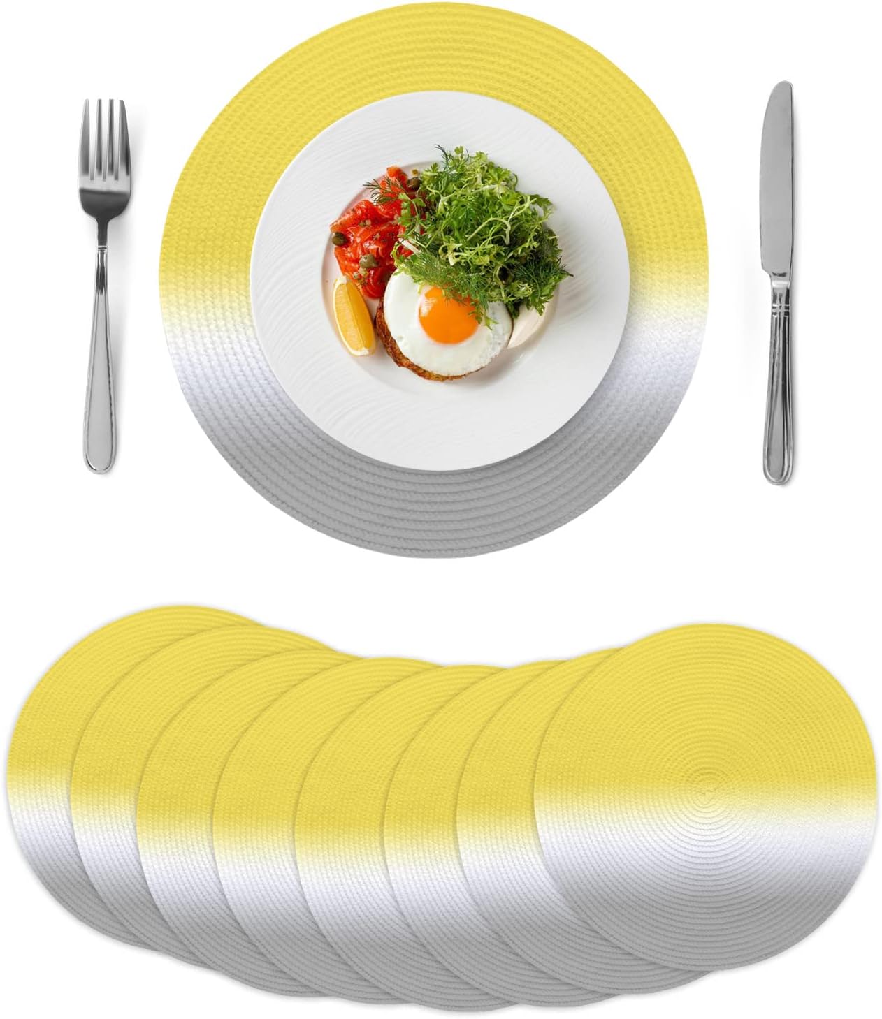 Round Braided Placemats Set of 8 Yellow Grey Ombre Texture Washable Round Woven Table Mats for Kitchen Dining Table, Heat-Resistant Place Mats 13inch for Indoor Outdoor Parties, Gradient Color