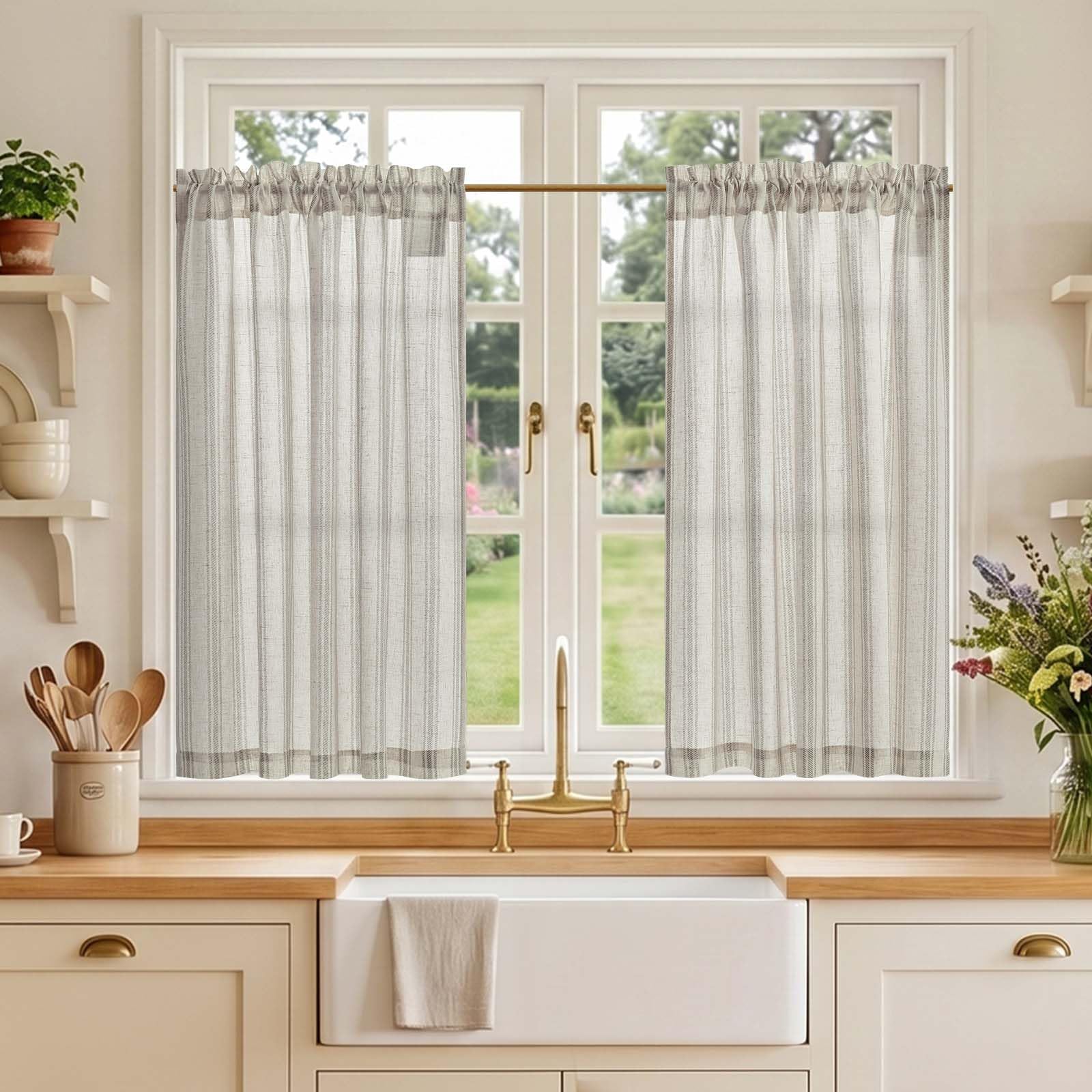 TOPICK Linen Look Kitchen Curtains, Cafe Curtains, W36 xL36 Grey Striped