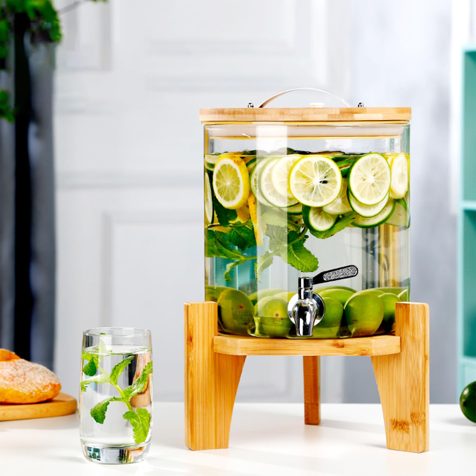 Dyspenser szklany do kuchni, butelka z zamknięciem szklanym, do napojów mrożonych i gorących, przezroczysty, 2L-10L, szklany pojemnik na napoje z kranem, ze stojakiem Bev,5l-2
