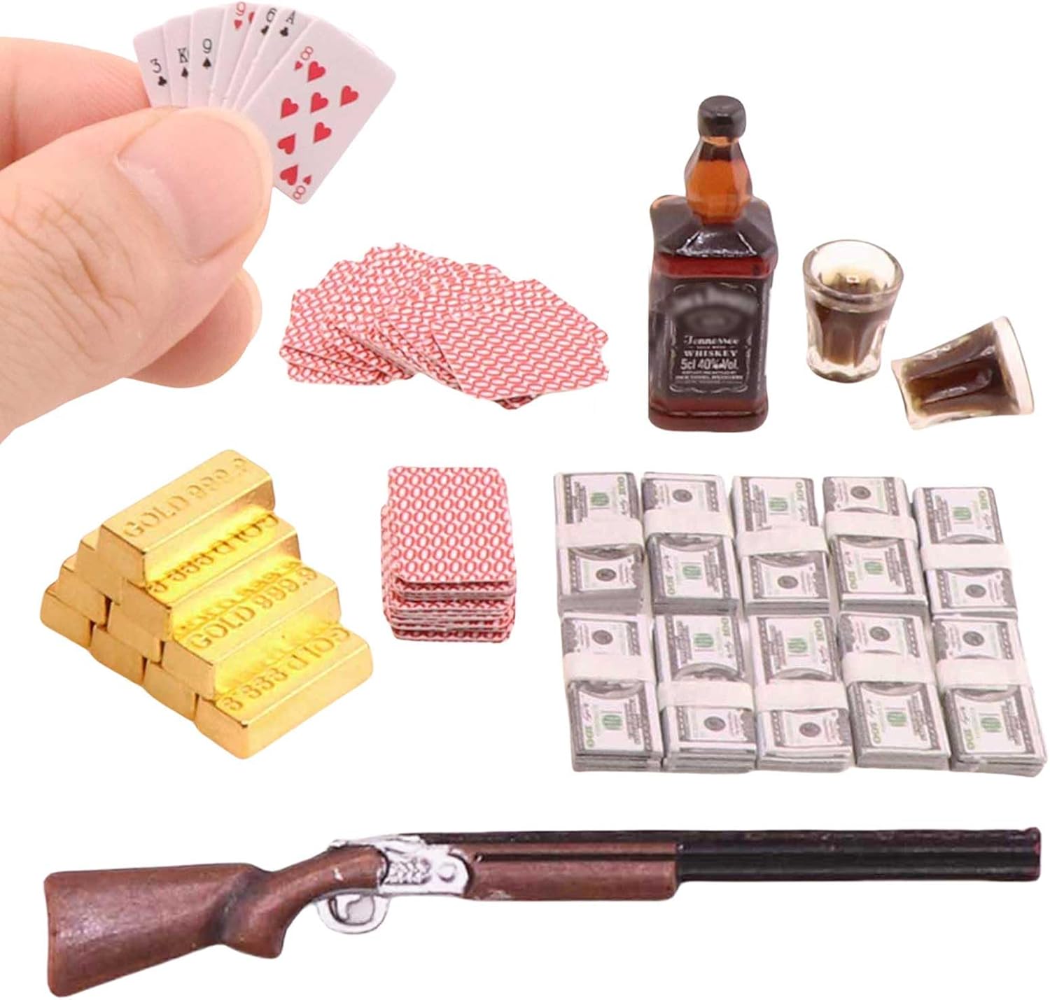 1 Set 1:12 Scale Miniature Doll Accessories Tiny Money Bills Playing Card Ornament Mini Rifle Mini Gold Bars Model for Doll House,Action Figure Scenc Props,DIY Craft Projects (1 12 A)