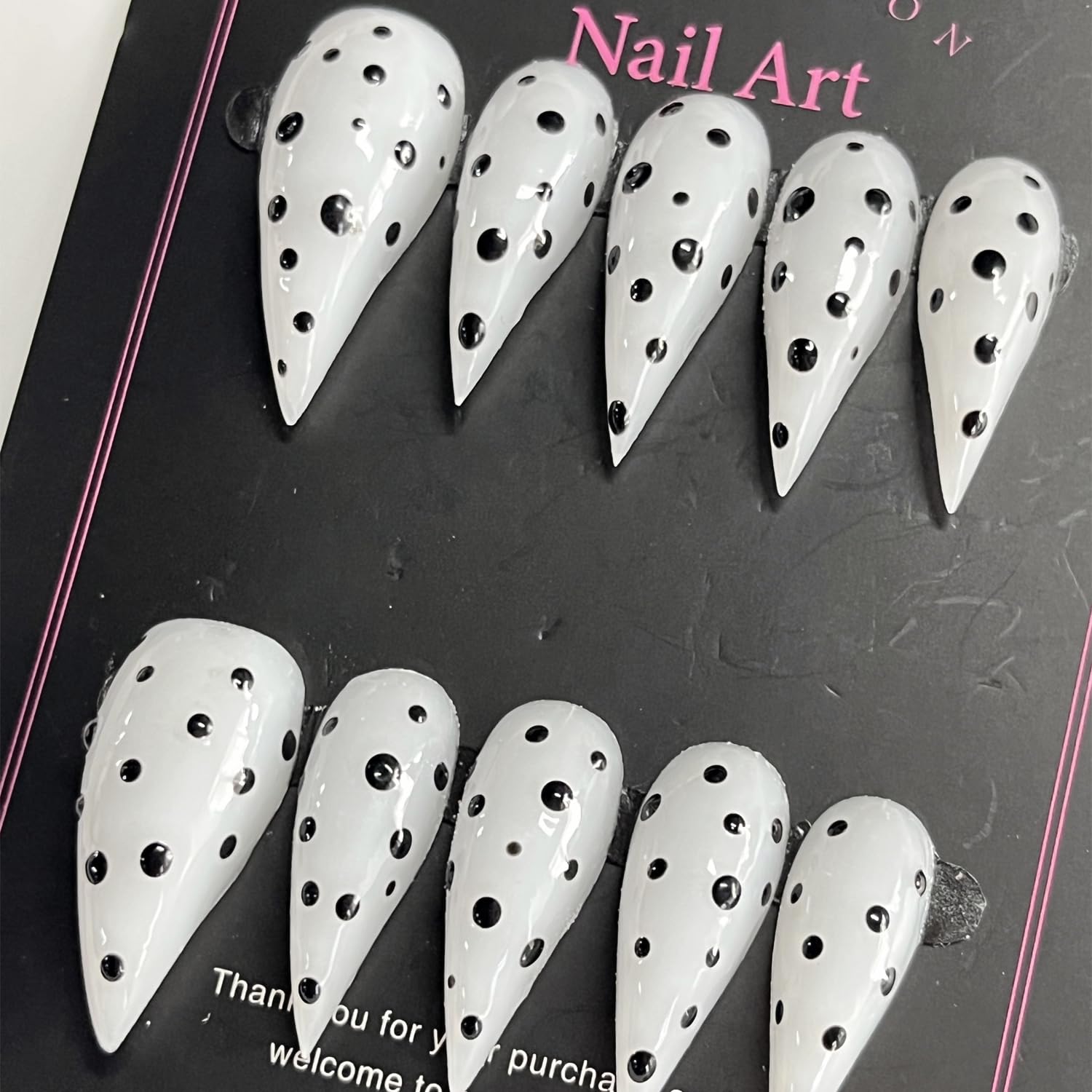 Handmade Press on Nails Medium Stiletto Fake Nails Unique Eagle Claw Thick Acrylic Nails Black&White False Nails with Polka Dots Cat Claw Designs Glossy Glue on Nail Sturdy Nail Art 10Pcs(S)
