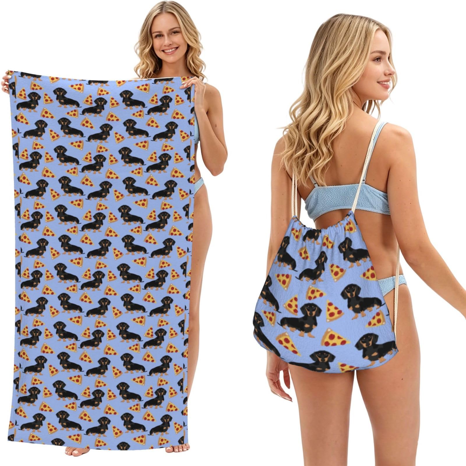 Poadnly As Picture Pizza Food Dachshund Dog Cute, 2 In 1 Packable Towel Bag, Beach Towels With Drawstring Backpack For Travel Holiday Camping