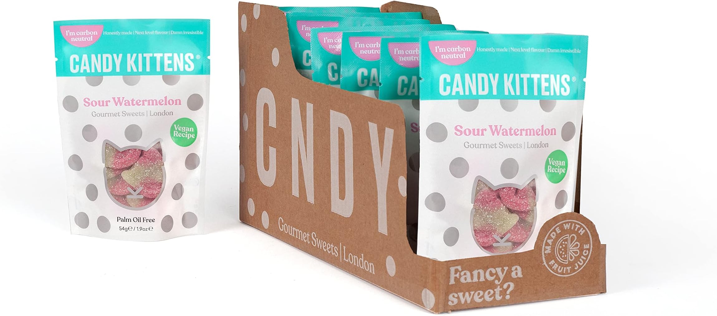 Candy Kittens Vegan Sweets, Sour Watermelon - Vegan Treats with Fruit Juice & Natural Ingredients, Ideal for Pick and Mix Sharing, Soft & Chewy Candy, Vegetarian Sweets – 54g, Pack of 12