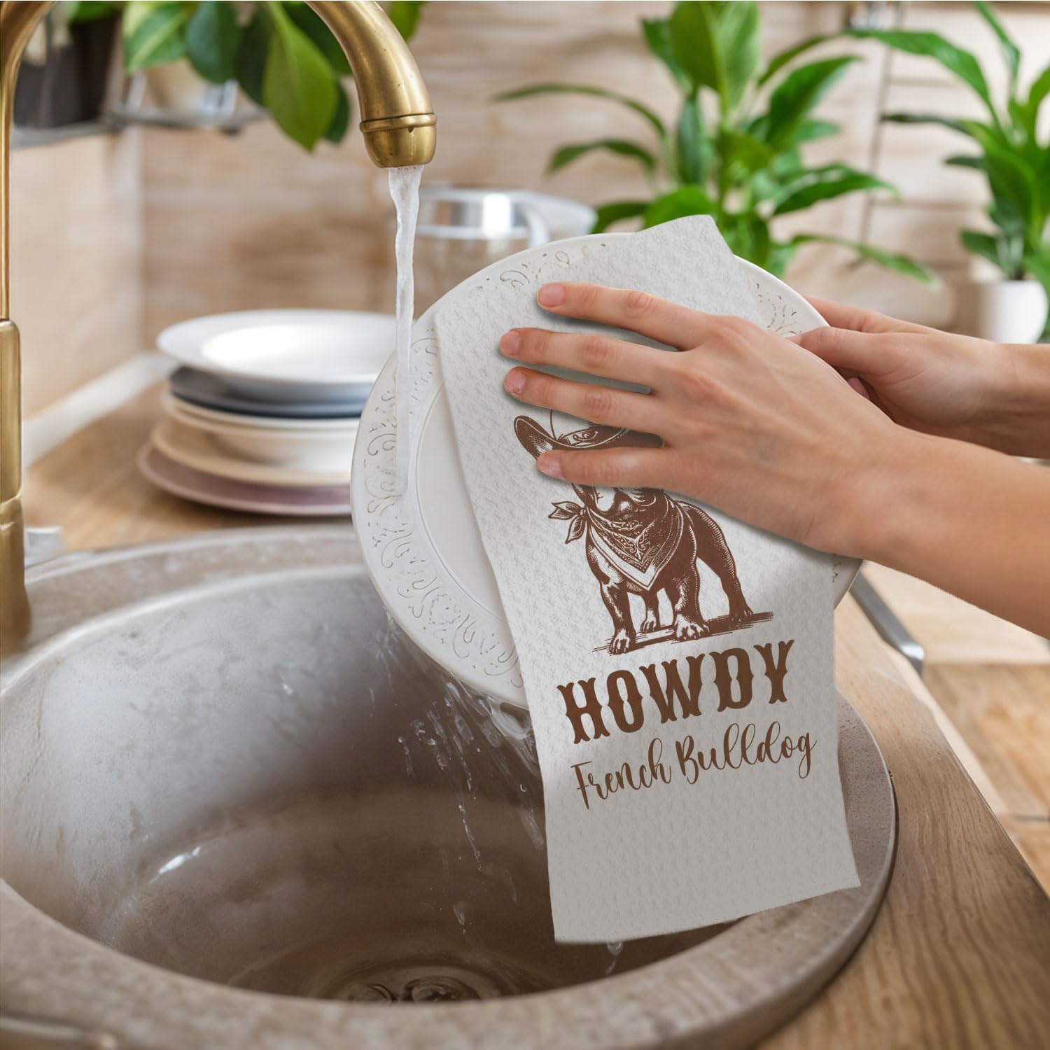 French Bulldog Kitchen Towels, Country Western Gifts for Women & French Bulldog Lovers, Western Cowboy Howdy Dog Decorative Hand Towels for Bathroom, 16x24 Inch - Image 2