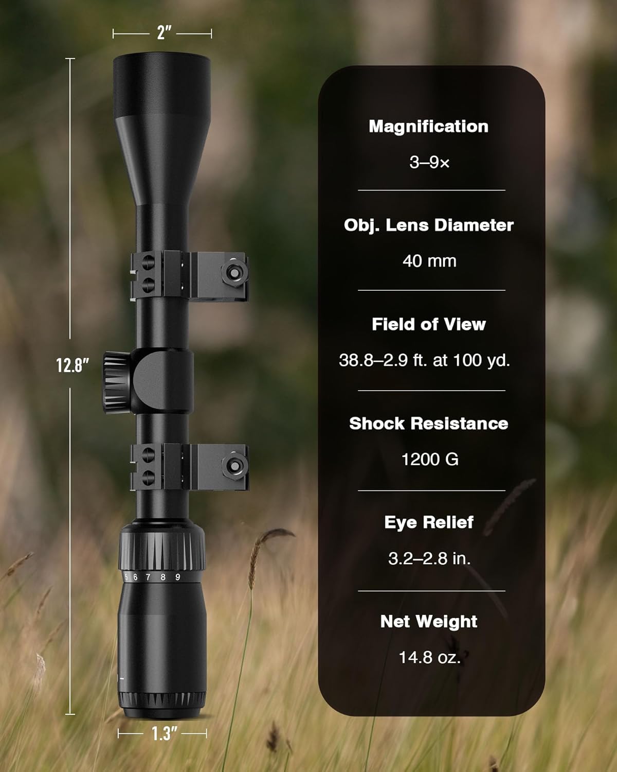 PINTY 3-9x40 Rifle Scope with Red/Green Illuminated Reticle & Rangefinder, Multicoated Lens with Mounts for Picatinny Rail