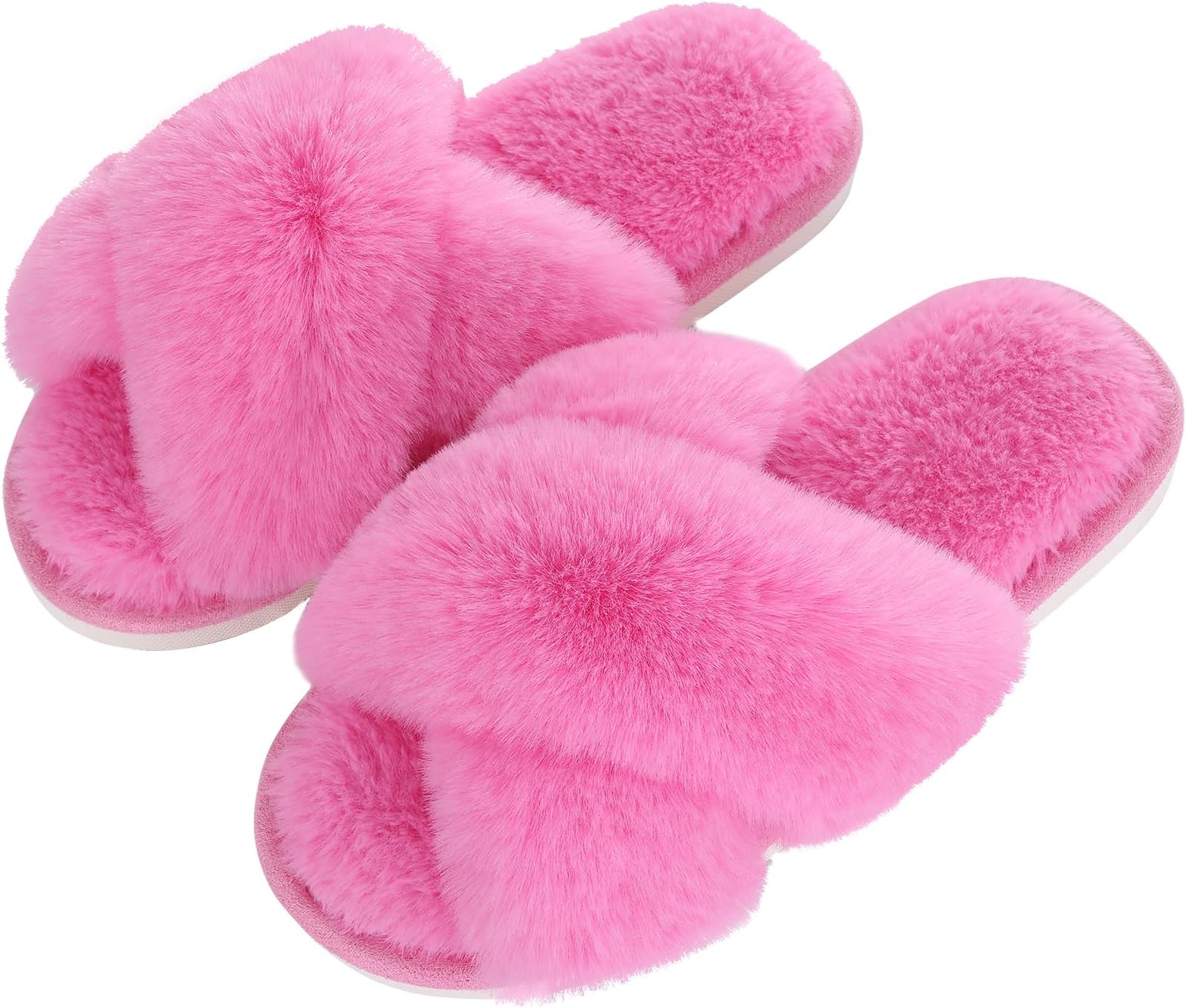 Women's Fuzzy Slippers Cross Band Soft Plush Open Toe House Slippers Anti-Skid Cozy Memory Foam Slip on Indoor or Outdoor Slippers for Women