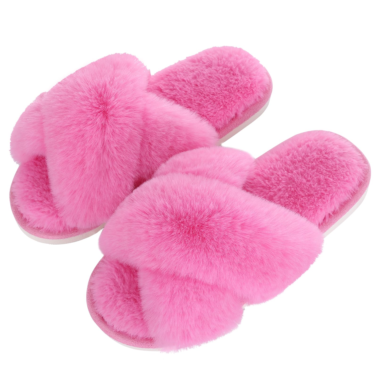 Evshine Women's Fuzzy Slippers Cross Band Memory Foam House Slippers Open Toe
