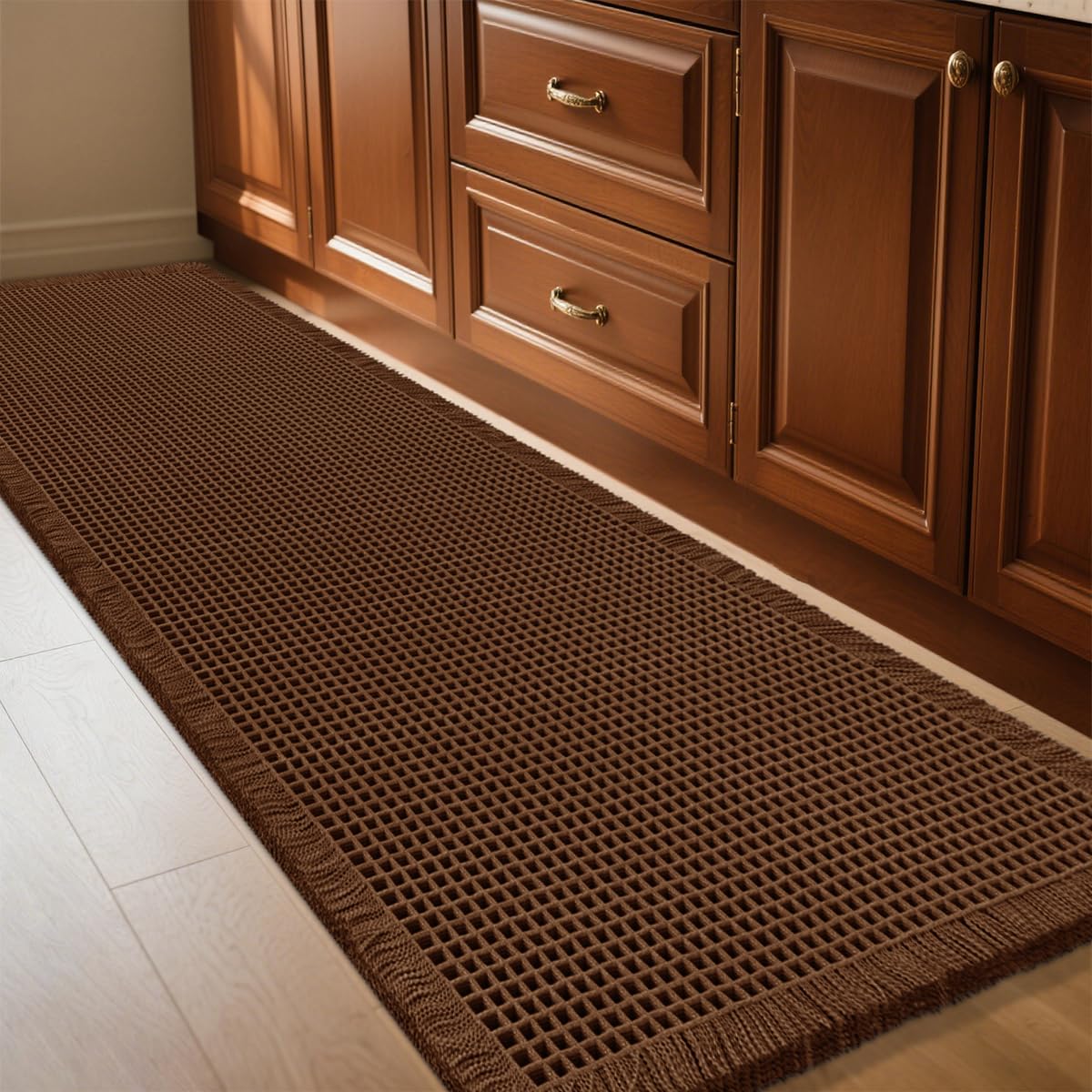 IM HOME Waffle Bath Mat Brown 5'x2', Boho Woven Modern Bath Mat Rugs, Absorbent Non Slip Bathroom Rugs, Soft Washable Bath Rugs with Tassels for