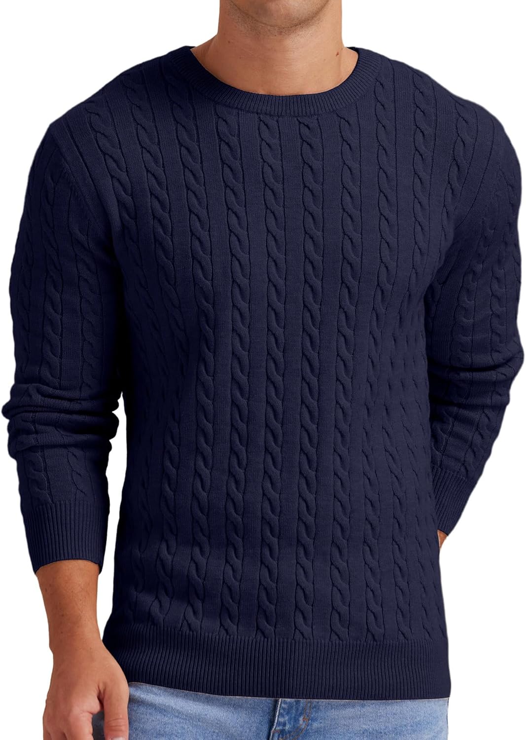 Askdeer Men's Crewneck Pullover Sweater Cable Knit Long Sleeve Sweater Classic Soft Knitted Sweaters with Ribbing Edge Navy Blue