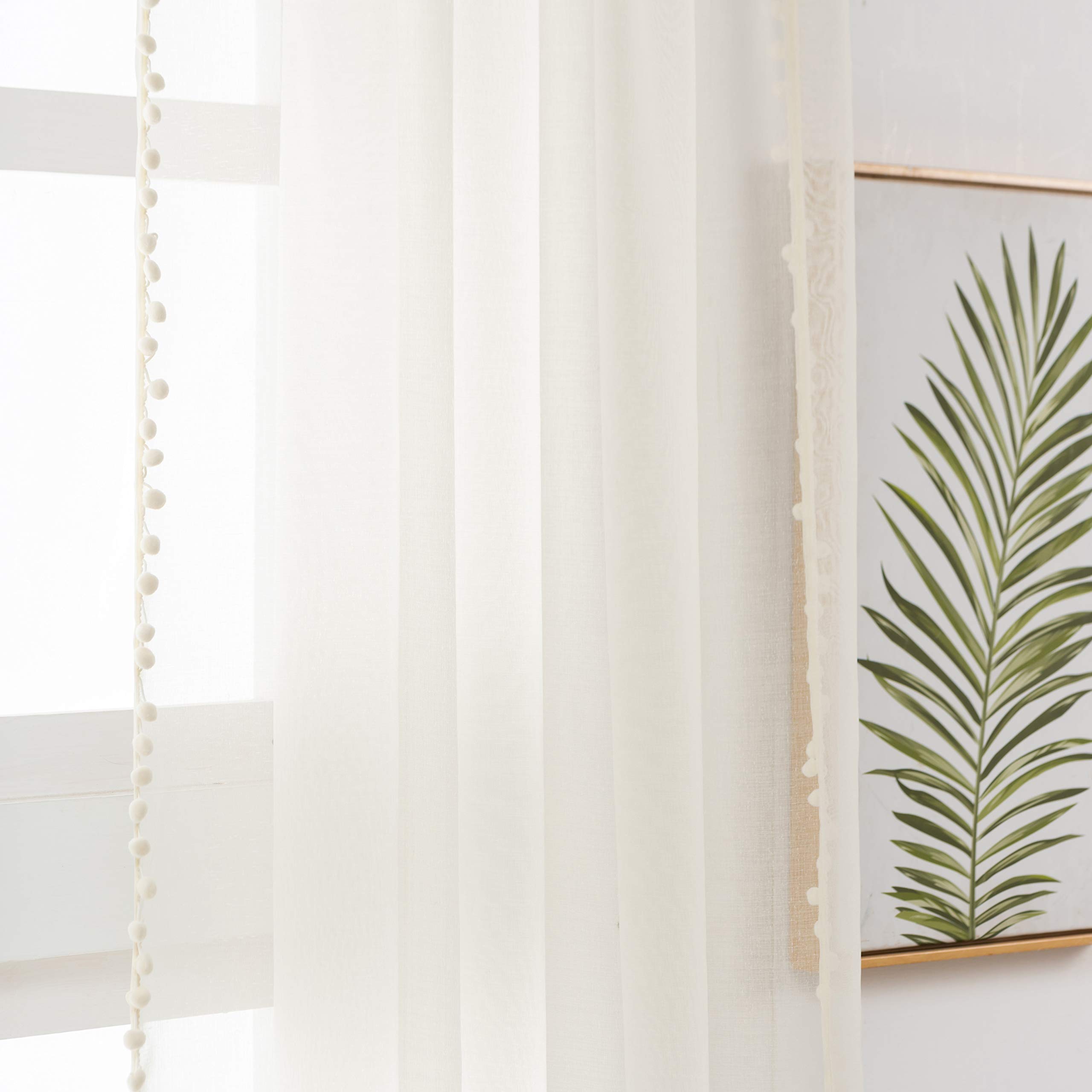 MISS SELECTEX Vorhänge in Leinenoptik mit Pompons und Quasten, Stangentasche, Voile, halbtransparente Vorhänge für Wohnzimmer und Schlafzimmer, Set mit 2 Vorhängen, 132,1 x 213,4 cm, elfenbeinfarben