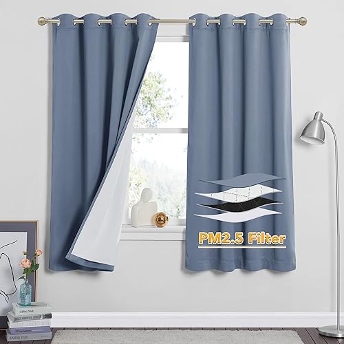 RYB HOME Soundproof & Dust Particle Filtering Curtains 100% Blackout Thermal Insulated Window Treatment Air Filter Drapes for Bedroom Living Room Kids Nursery, Stone Blue, W52 x L63 inch, 2 Panels