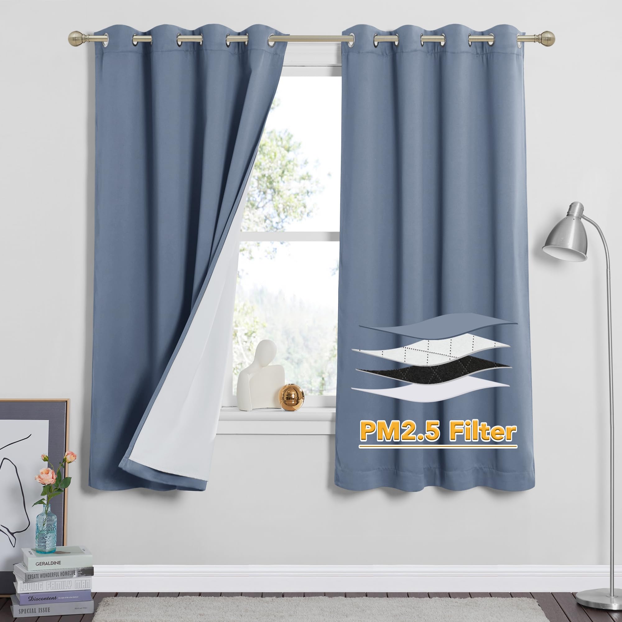 RYB HOME Soundproof & Dust Particle Filtering Curtains 100% Blackout Thermal Insulated Window Treatment Air Filter Drapes for Bedroom Living Room Kids