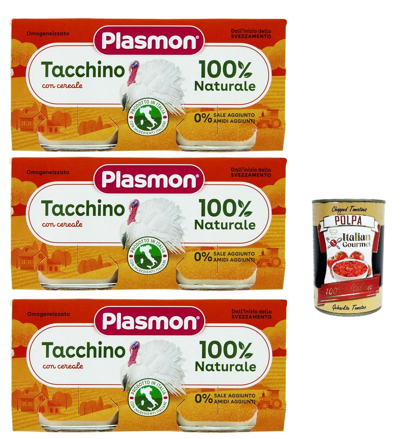 Plasmon Carne Tacchino e cereale 3x (2x80g) Mit italienischem Fleisch, 100% natürlich, ohne Stärken und Räume hinzugefügt + Italian Gourmet polpa 400g