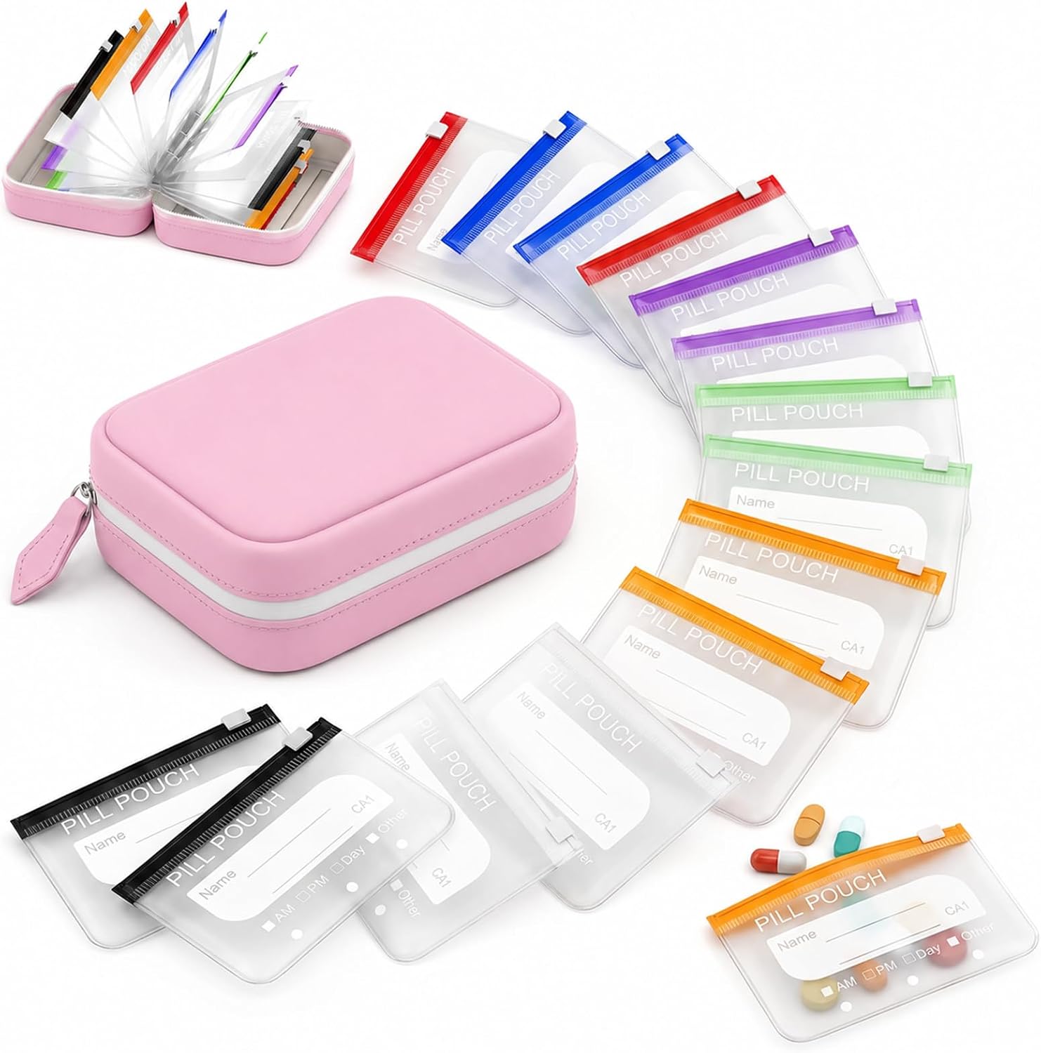 Waterproof Pill Pouch Set,Waterproof Pill Organizer Set with 14 Color Coded Medicine Pouches,Reusable Large Medicine Organizer for Travel,7 Day Portable Medicine Pill Case (Pink)