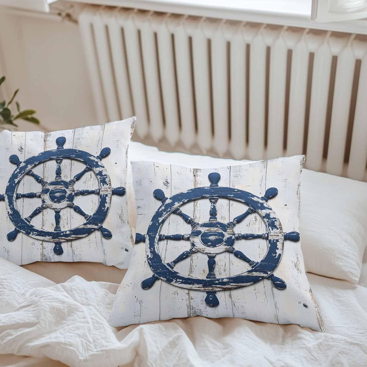 Retro Nautical Rudder Outdoor Pillow Covers 20x20in Pack of 2 Waterproof Pillowcase Coastal Ocean Theme Vintage Wood Plank Decorative Throw Cushion Case for Patio Couch Sofa