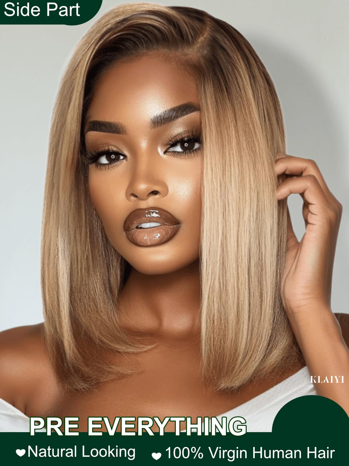 KLAIYI Bye Bye Knots Glueless Wig Blonde with Brown Roots Bob Straight Precut 7x5Lace Front Human Hair Wigs Pre Plucked Pre Bleached Blunt Cut Ombre Highlight Side Part Wig Ready to Wear and Go 10Inch