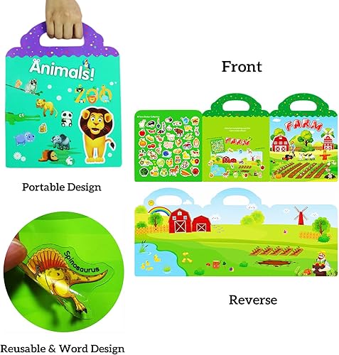 Miniatura 5 de Libro de calcomanías reutilizables para niños de 2 a 4 años, paquete de 8 libros de actividades para niños pequeños, dinosaurios, granja, insectos,
