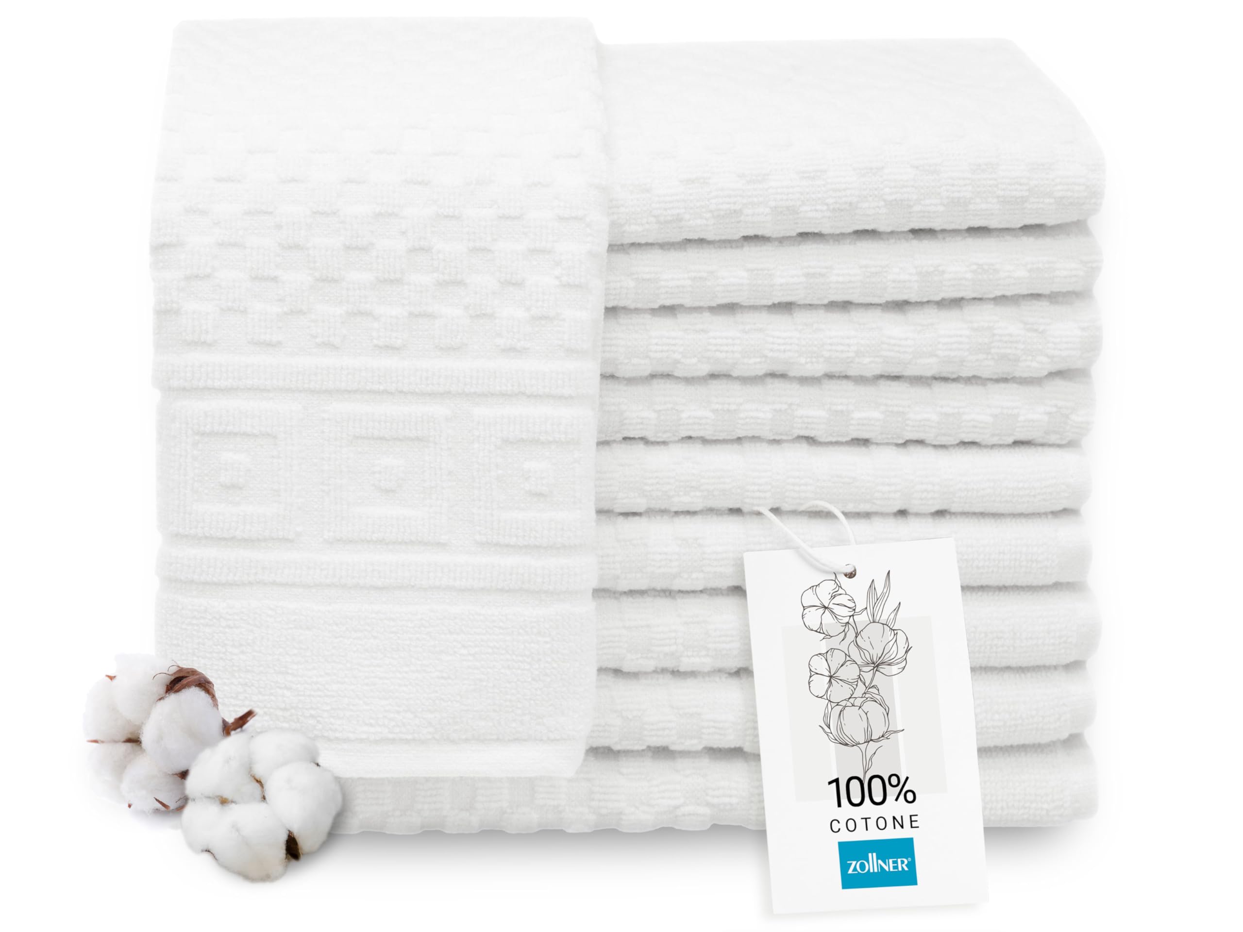 ZOLLNER 10 asciugamani per ospiti in 30x50 cm - Design in piquè bianco morbido e super assorbente - con gancetto - lavabile a 95°C - Cotone - Qualitá alberghiera- Certificato Oeko Tex®