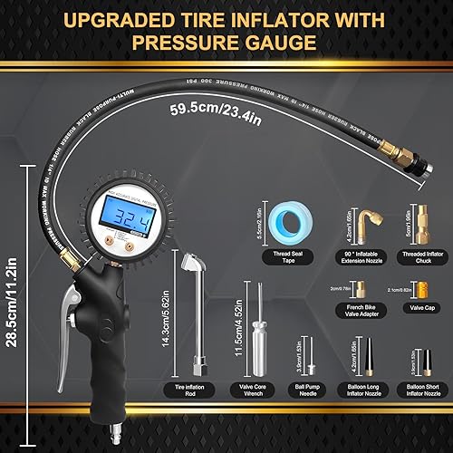 Miniatura 2 de Inflador de neumáticos mejorado 2023 con manómetro de presión, manómetro digital de rotación de 360 y portabrocas de aire de flujo cerrado, manguera