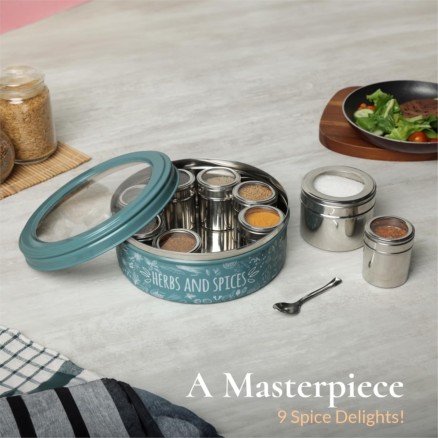9 in1 Stainless Steel Herbs Masala Box with Spoons | Masala Box for Kitchen Steel (2.5 Ltr, X-Large, 22.5cm)