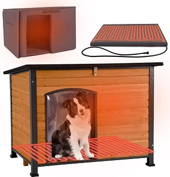Heated Dog House Outdoor, Large Insulated Dog Kennel with Chew-Proof Iron Frame for Large and Medium DogsBrown, L