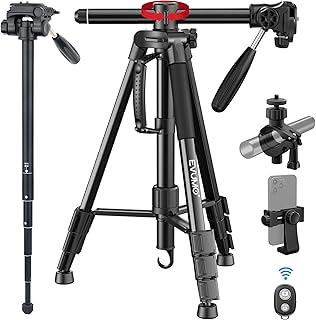 EVUMO HF3 Tripod, 65'' Rotating Horizontal Center Column Camera Tripod Monopod with Remote & Phone Holder Mount, Compact Portable Travel Phone Tripod Stand for DSLR iPhone Camcorder, Max Load 11lb/5kg