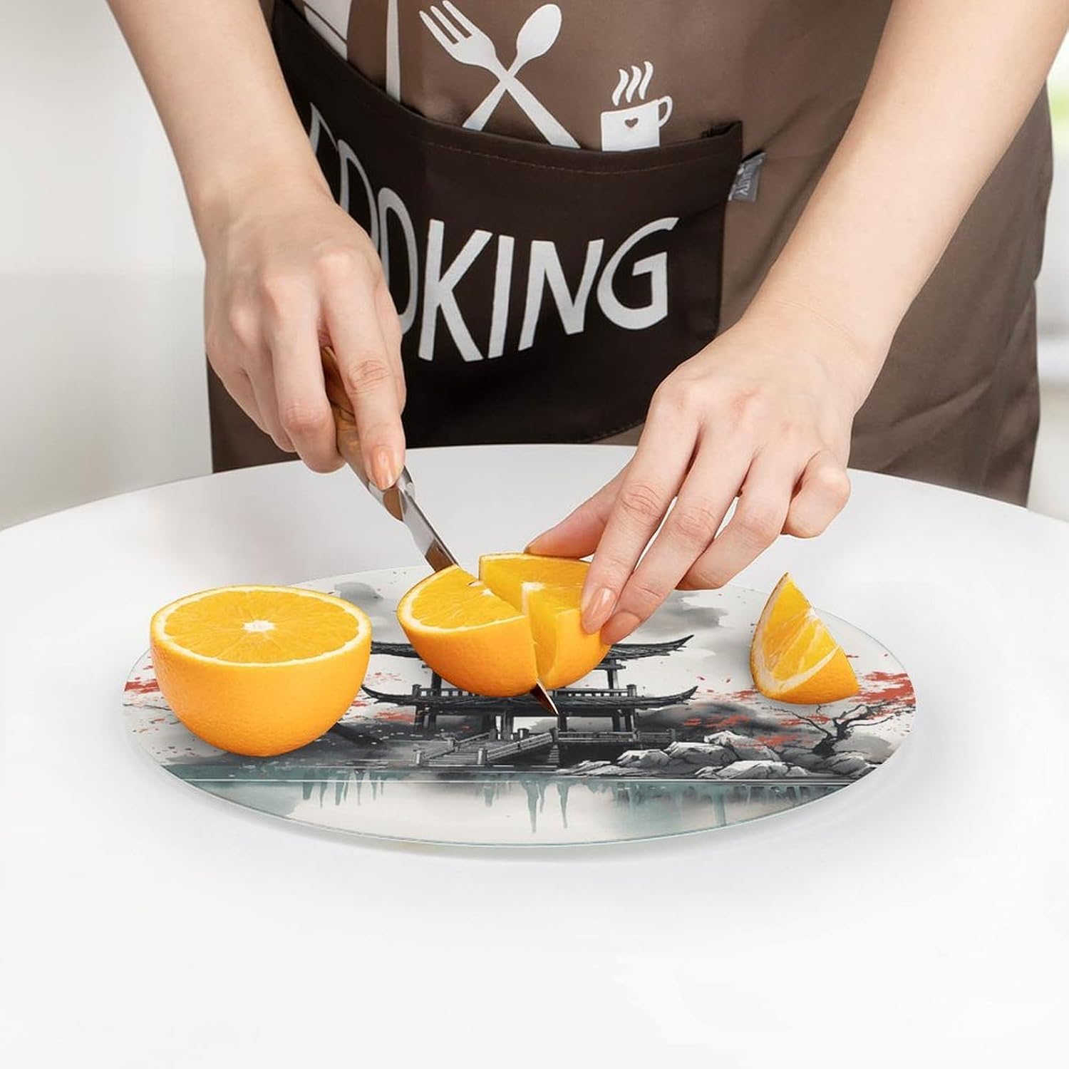Chinese Ink Painting 8" Tempered Glass Cutting Board for Kitchen