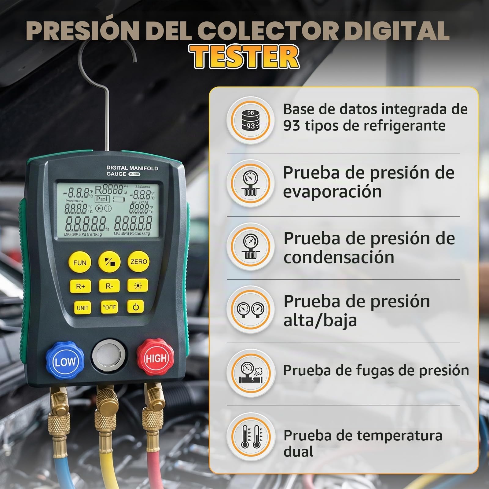 Manómetro digital HVAC medidor vacío temperatura refrigerantes | Compatible con 93 gases R32/R134a/R1234yf, doble lectura presión-temperatura, mangueras pinzas y maletín incluido