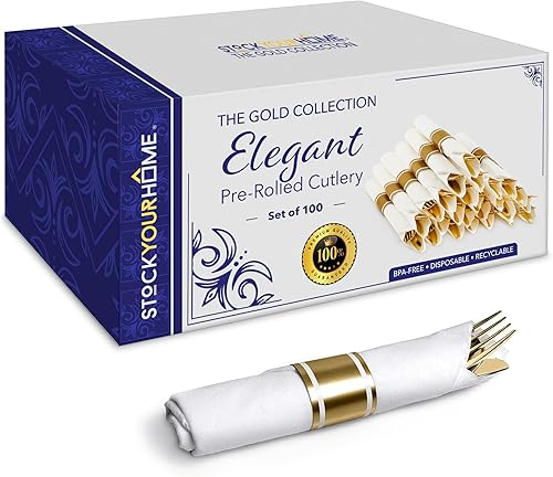 Miniatura 8 de Juego de 100 cubiertos de plástico plateado preenrollados, cubiertos de plástico envueltos individualmente con 100 tenedores, 100 cuchillos, 100