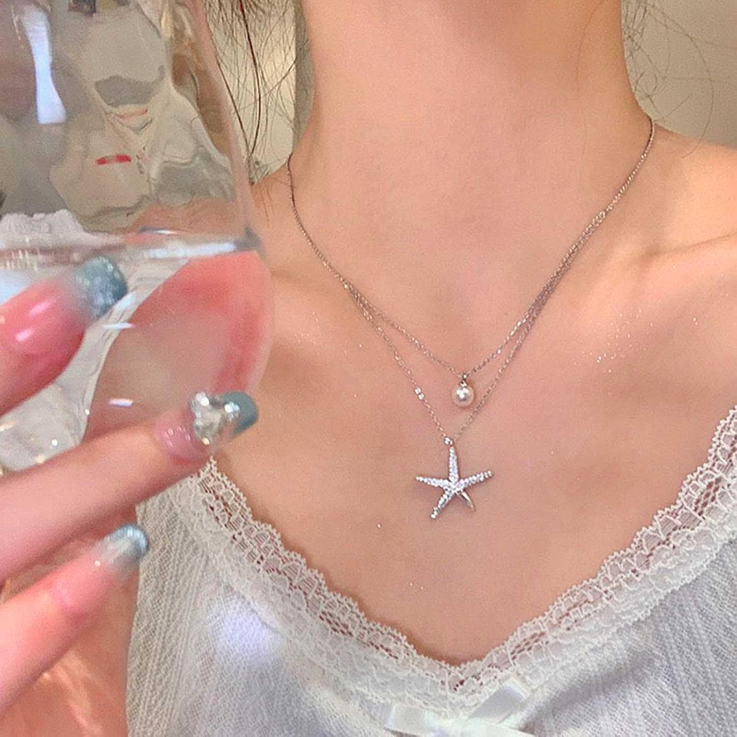 Boho Layered Starfish Pendant Necklace Crystal Starfish Choker Necklace Silver Pearl Necklace Chain Silver Cz Starfish Necklace Jewelry for Women - Image 2