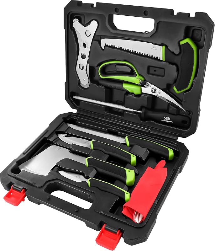 Kit de aderezo para campo de caza de roble musgoso | Juego de procesamiento de juegos de carnicero portátil de 10 piezas con estuche de almacenamiento, para caza de ciervos, pesca, camping, supervivencia