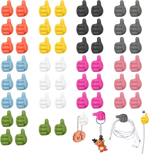 Scettar 54 Pack Creative Thumbs Wall Hooks Self Adhesive Hooks Cable Organiser Multi-Function Wall Hooks Colorful Wall Storage Hooks for Wall Storage of Keys and Data Cables