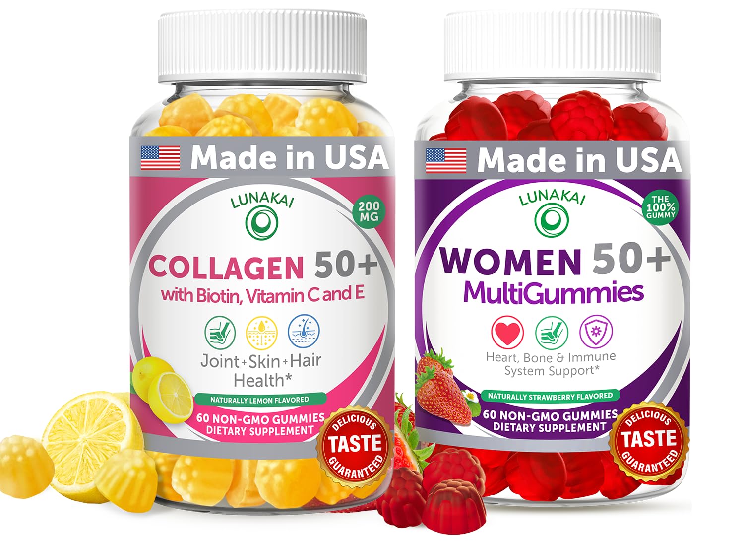 Lunakai USA Made Collagen & Multivitamin Gummies Bundle for Women 50+ – Supports Skin, Hair, Nail, Joint, Heart, Bone & Immune Health – 60ct Each
