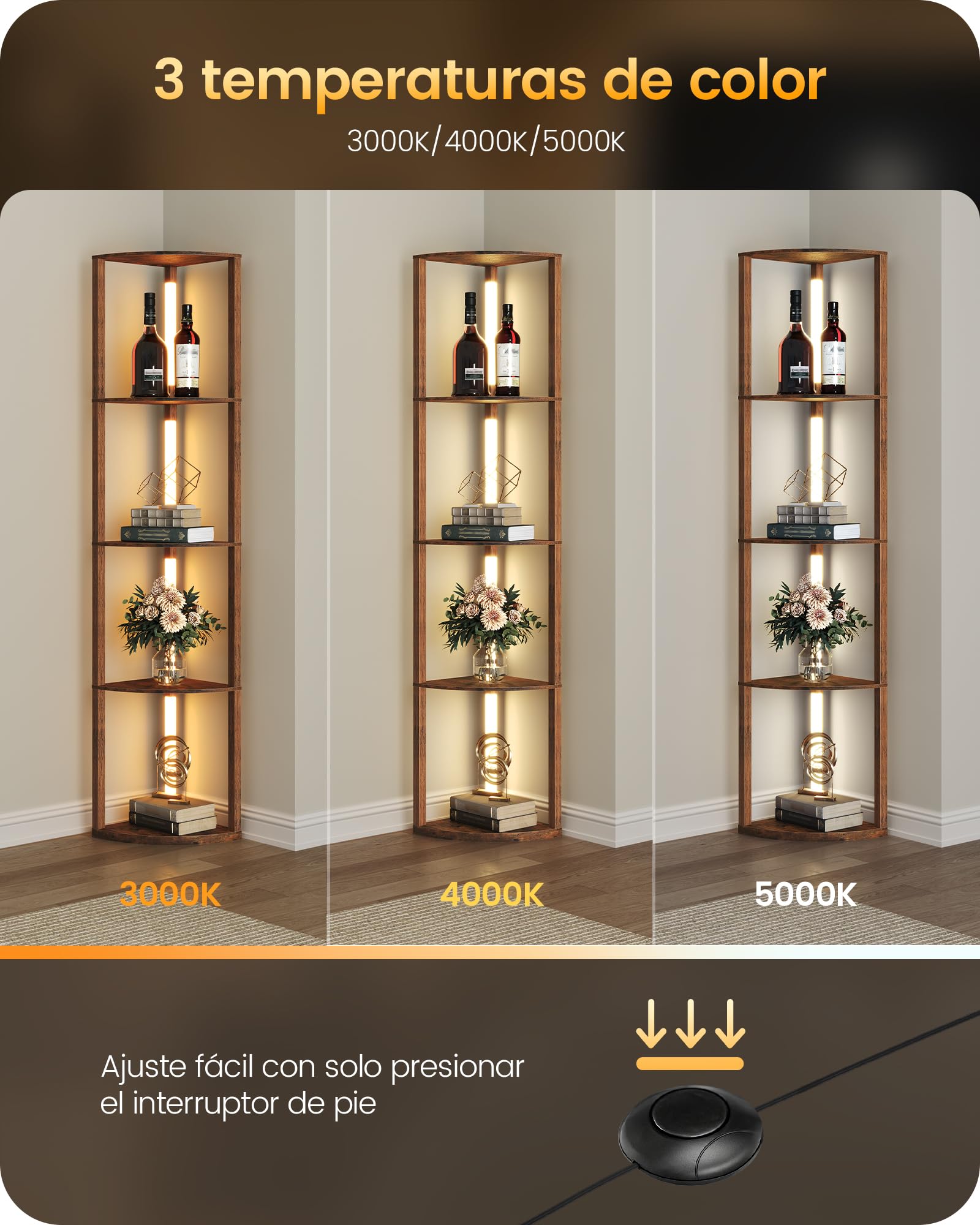 Lámpara de Pie con Estantes, Lámpara de Salón Regulable de Madera, Estantería de Esquina con LED, 3 Temperaturas de Color, Barra Giratoria 360°, Dormitorio, Salón, Oficina, Marrón Rústico