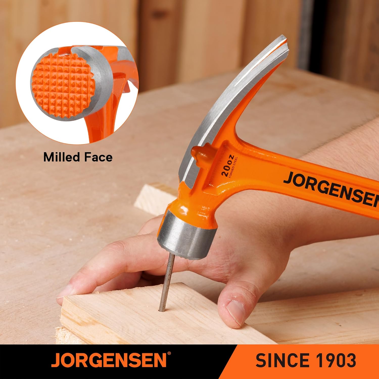 Jorgensen 20 oz Straight Claw Hammer with Magnetic Nail Holder, Rip Claw Hammer with Milled Face, Side Nail Puller, Shock Absorbing Grip, Heavy Duty One-piece Forged Hammer