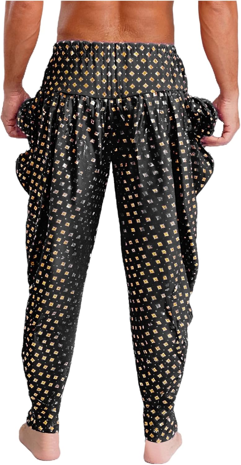JanJean Adult Men Printed Satin Dhoti Pants Traditional Indian Ethnic Elastic Waistband Pleated Trousers Theme Occasions