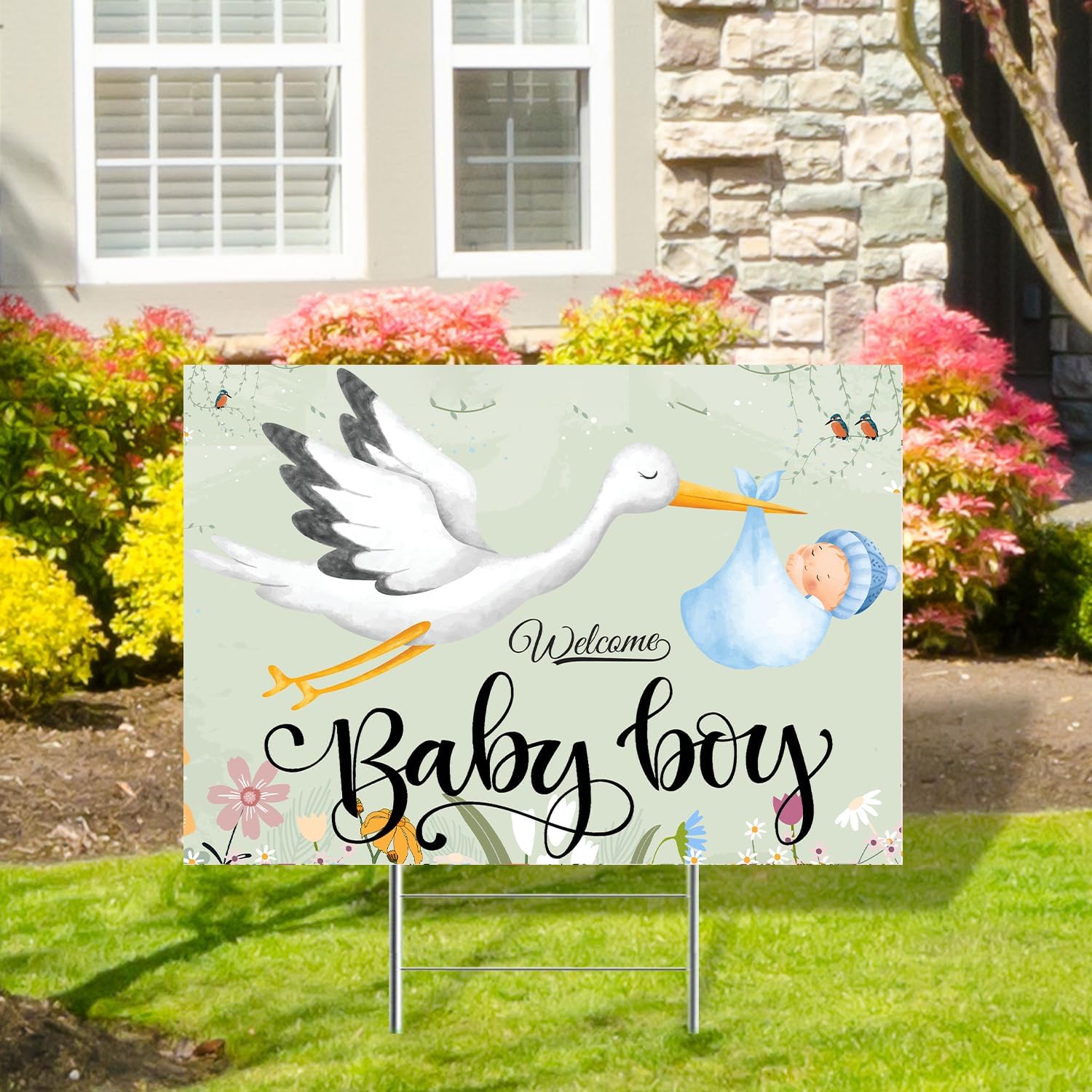 | Baby Shower Yard Sign Gender Reveal with Stake, Party supply, Decoration, Yard Supply, Girl or Boy? (Stork and Boy)