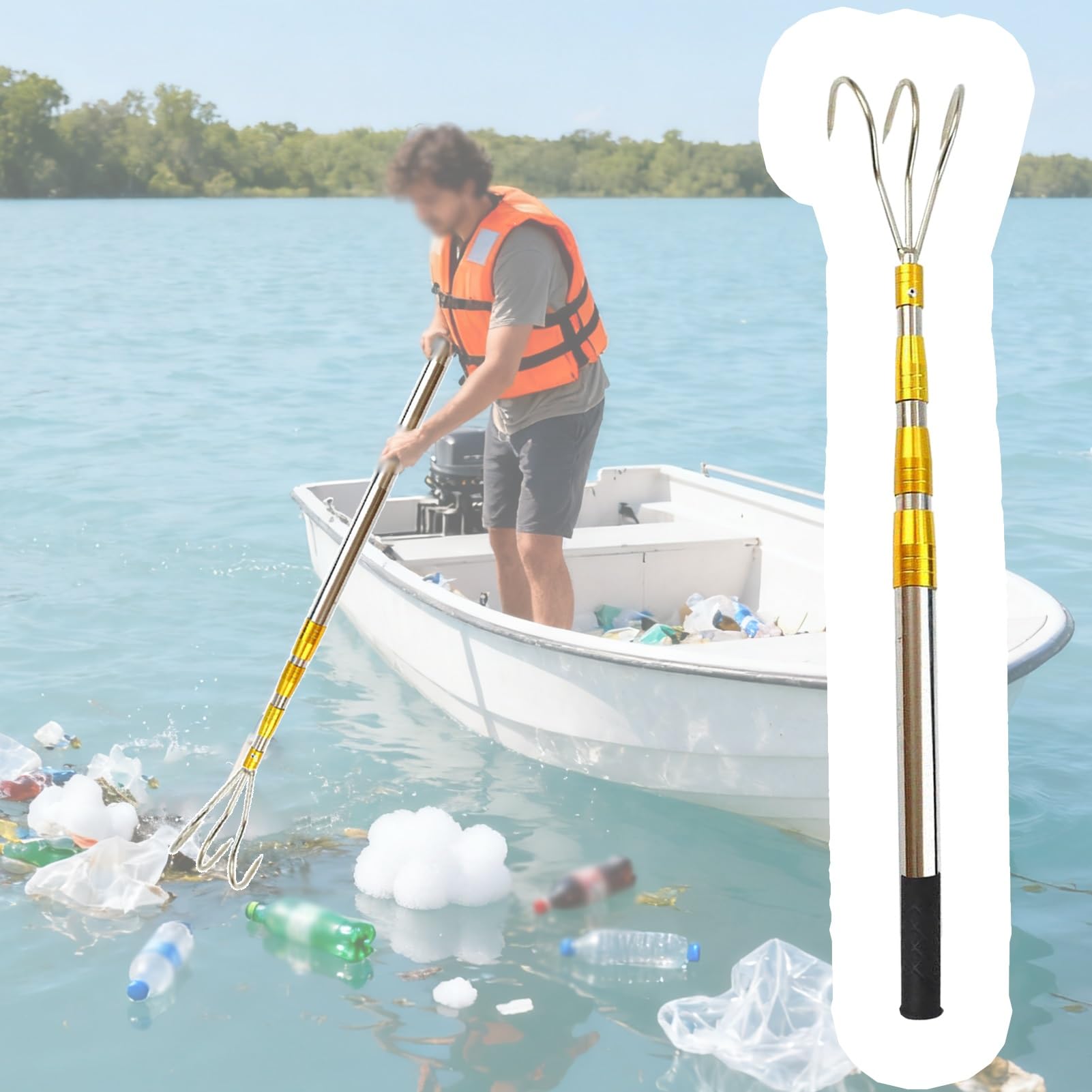 Mezzo Marinaio per Barca Rimozione di Detriti Dagli Alberi con Gancio a 2/3/4 Artigli, Gancio Telescopico per Imbarcazioni Lungo 60-600 cm(3-Claw,96-250cm/38" - 99")