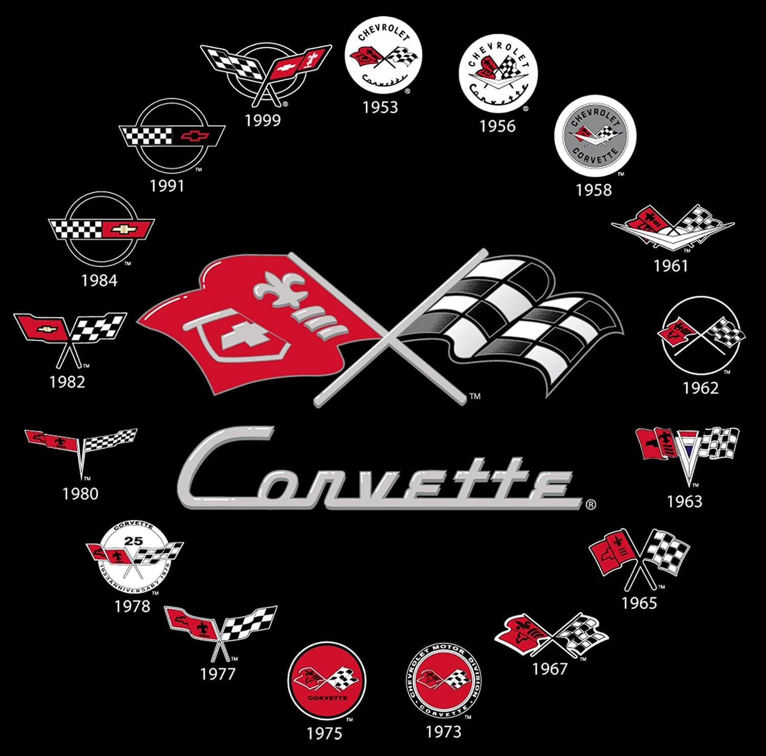 JH Design Men's Chevy Corvette T-Shirts Collage 2 Colors Short Sleeve Crew Neck Shirt