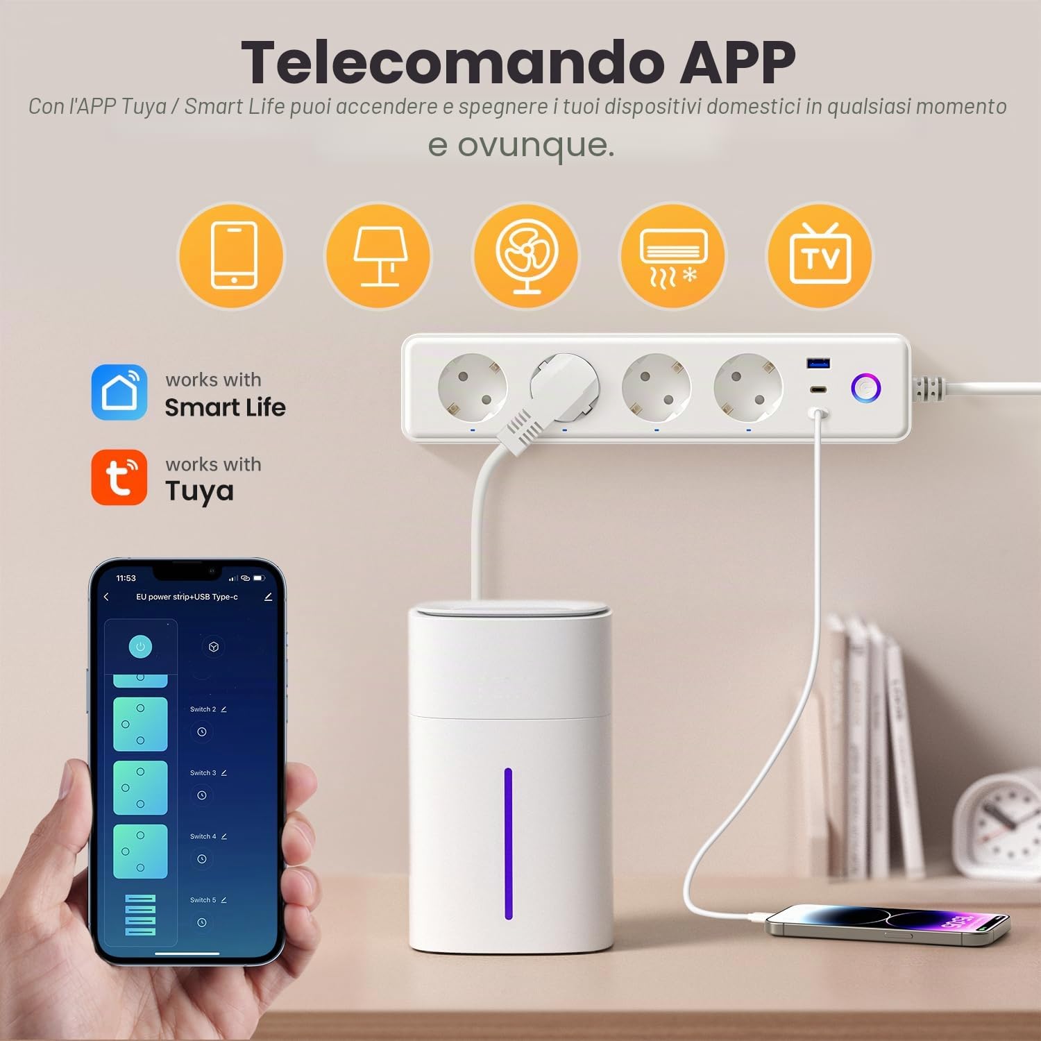 MIUCDA Smart - Multipresa con 4 prese da 10 A, 1 USB e 2 connettori tipo C, presa multipla commutabile singolarmente, compatibile con Alexa, Google Assistant, Smart Life, Tuya accesso remoto, 1,5 m