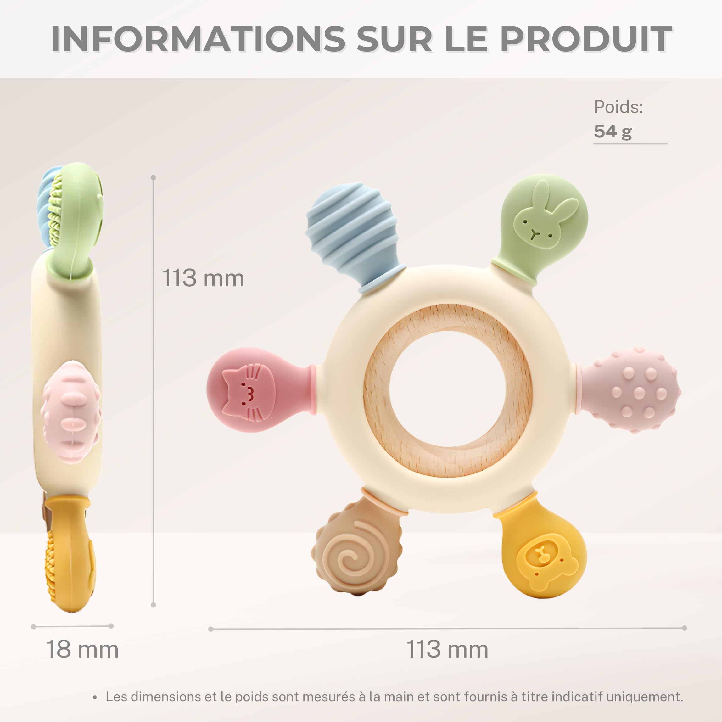 CAJA anneau de dentition bébé en silicone et bois jouet de dentition sans BPA motif animal cadeau naissance garçon fille prise facile