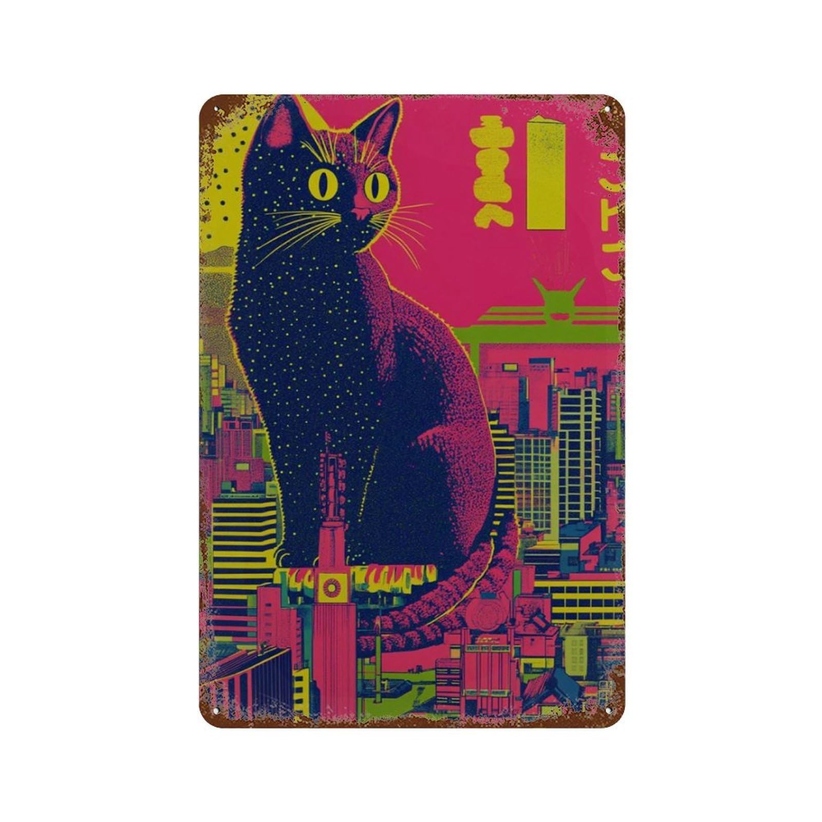 xiaoxiaoshen Giant Cat Tokyo City Japanese Urban Bold Neon Graphic Wall Decor Art Metal Tin Poster Modern Home Decor Art Home Bar Shop Decorations Vintage Sign 30x20cm