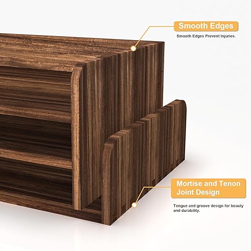 Miniatura 5 de HZE Organizador de escritorio de madera de 3 niveles, organizador de escritorio de oficina de madera maciza rústica con 2 ranuras laterales para