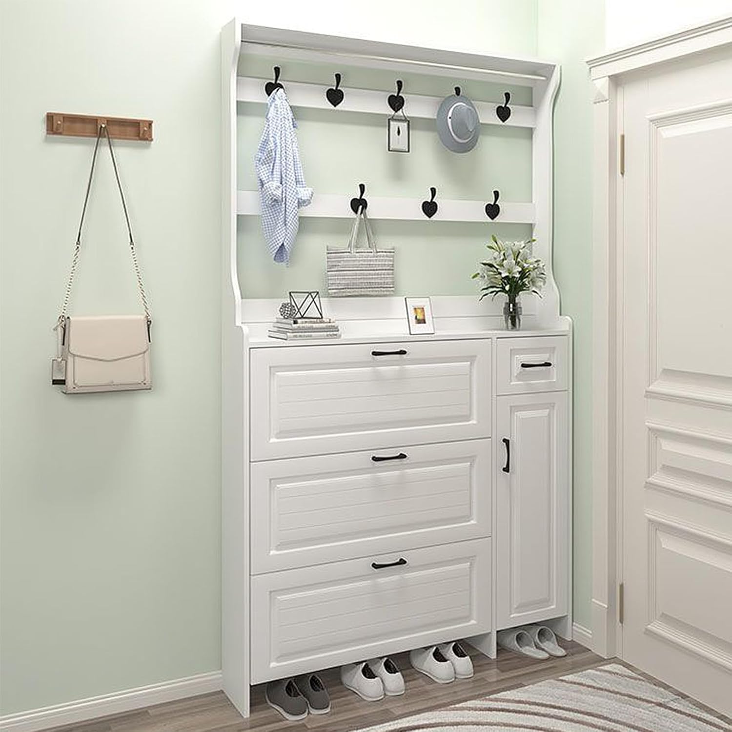 Appendiabiti Con Scarpiera E Panchina - Bianco Moderno Per Corridoio O Camera - 4 Ganci - Foto 8